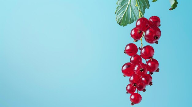 Фото Близкое изображение кучки красных смородов с зелеными листьями на синем фоне концепция здорового питания, диеты и здорового образа жизни