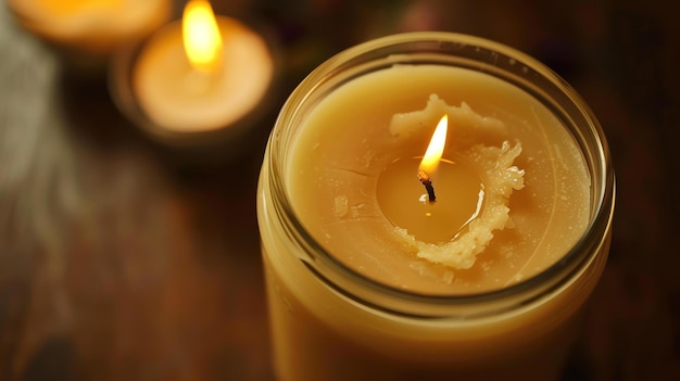 Фото Близкое изображение горящей свечи в стеклянной банки свеча мерцает и вокруг фитиля есть небольшое количество расплавленного воска