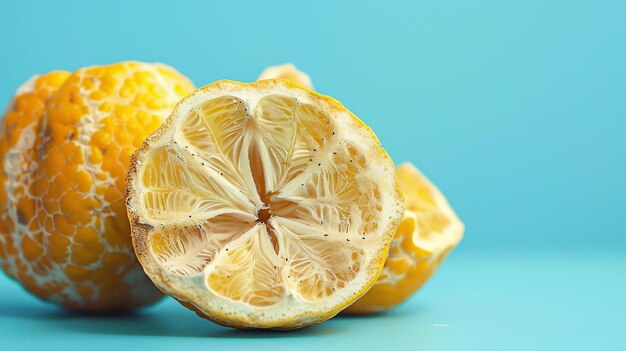 写真 レモンのクローズアップ画像 レモンは黄色で粗い質感があり レモンの内側はジューシーで明るい黄色です