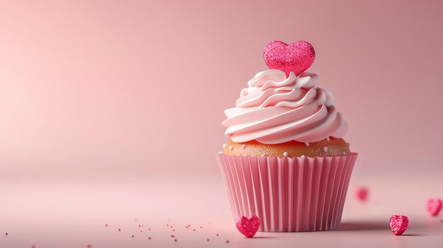 写真 ピンクのカップケーキのクローズアップ画像上部にハート形のピンクのアイスが付いている