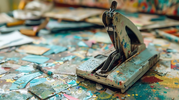 写真 塗料で覆われたヴィンテージスタップラーのクローズアップ画像スタップラーは色とりどりの紙のスクラップで覆われた乱雑なテーブルに座っています