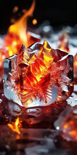 사진 얼음 의 표면 에 불꽃 이 춤추고 있는 클로즈업 이미지
