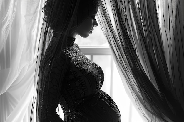 写真 妊娠中の女性の腹部の曲線を強調する近距離の親密なショット
