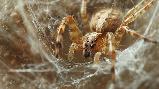 사진 거미줄 에 있는 갈색 거미 의 클로즈업 이 거미줄 이 초점 에 있고, 거미줄 은 배경 에 흐릿 하다