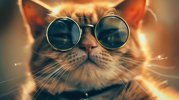 写真 太陽眼鏡をかぶった猫のクローズアップ猫は顔に自慢の表情でカメラを見ている