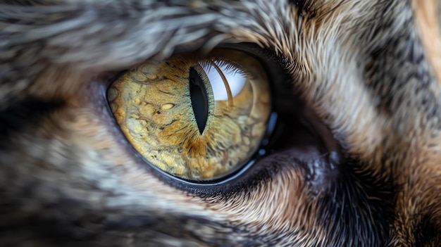 Фото Близкий план кошачьего глаза показывает удивительные детали радужной оболочки глаза красивого золотистого цвета с темной зрачкой