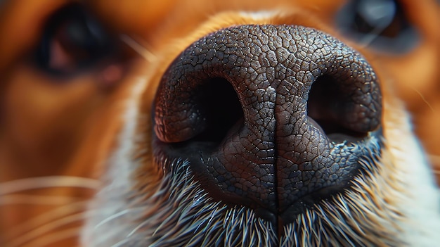 写真 犬の鼻のクローズアップ鼻は黒くれていて数本の長い毛が生えている