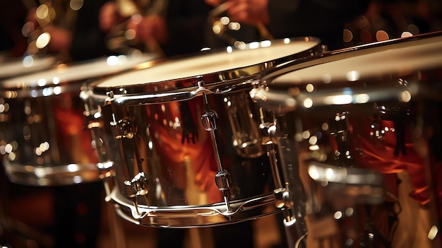 写真 舞台上のドラムセットのクローズアップ ドラムは金属で作られ,輝く仕上げがあります