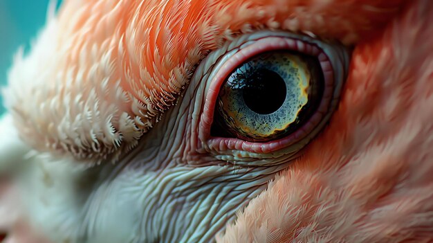 写真 鳥の目は濃い青色で瞳孔の周りに黄色い輪があり目周りの羽毛は明るいピンク色です