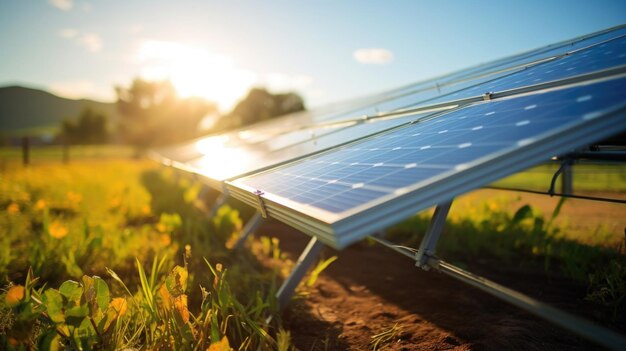사진 관개 시스템에 연결된 태양 전지 패널의 클로즈업으로 재생 가능한 에너지의 잠재력을 보여줍니다.