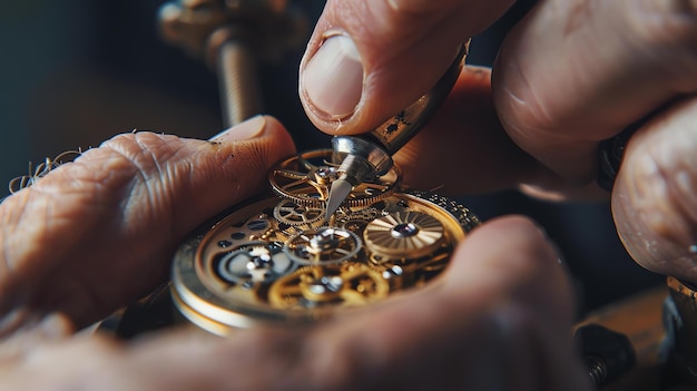 写真 腕時計の修理をしている時計師のクローズアップ時計師は小さなスクリュードライバーを使ってギアを調整しています