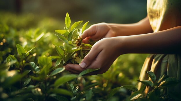 Фото Близкий план женщины, тщательно собирающей верхние листья чая ии генеративный ии