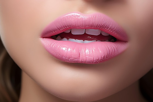 Фото Близкий снимок женской розовой помады и губ