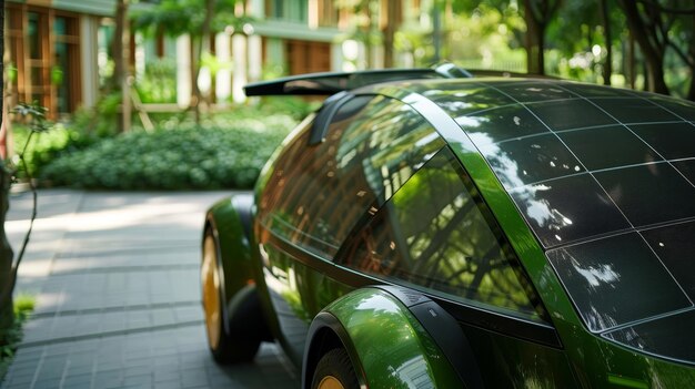 写真 緑のエネルギー車の太陽電池パネルのクローズアップ aiが生成したイラスト