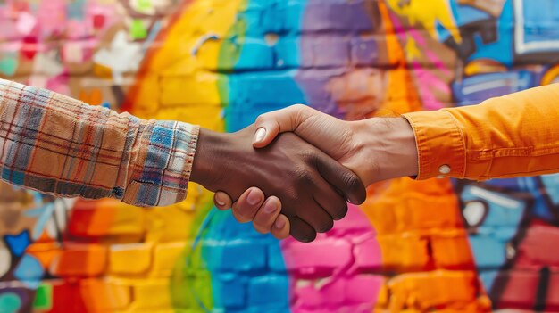 Фото Близкий кадр двух людей с разным цветом кожи, пожимающих друг другу руки на красочном фоне. изображение хорошо освещено, а цвета яркие.