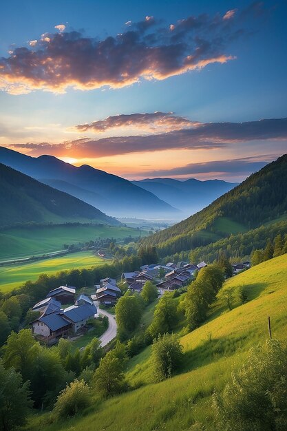 写真 夕暮れの近くの田舎の町の景色 深い森と山 青い時間の平和な風景