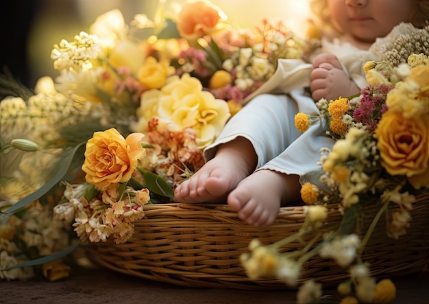 Фото Ближайший снимок ног ребенка в корзине, наполненной свежими цветами, создавая гармоничный и