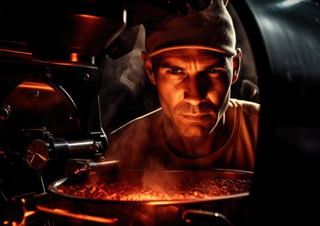 写真 ローストマシンの暖かい光で照らされたコーヒーロースターの顔のクローズアップショット