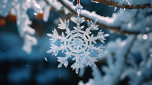 繊細なガラスの雪の結晶の飾りのクローズアップショット