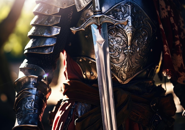 写真 中世の騎士の服を着たリエナクターが太陽の光を投げつけて剣を握っているクローズアップショット