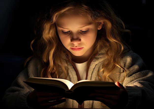 Фото Близкий снимок студента, погруженного в чтение книги с их лицом мягко освещенным