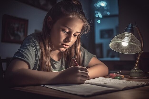 사진 십대 소녀 가 식탁 에서 숙제 를 하고 있는 장면