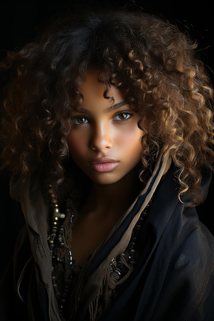 写真 頭にアフロヘアを持つ若い黒人少女のクローズ アップ ストック写真