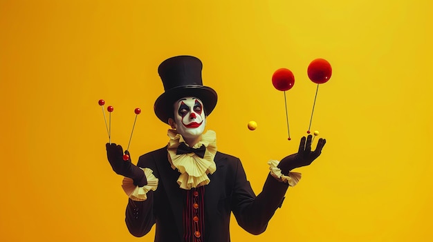 Фото Клоун в черном костюме и шляпе жонглирует красными и желтыми мячами у него белое лицо с красным носом и черными глазами