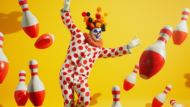 Фото Клоун в красно-белом костюме с точками и красочным париком жонглирует боулинговыми булавками