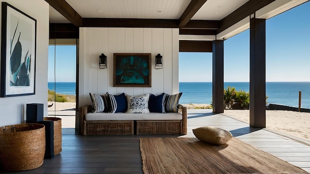 写真 白い机海草の椅子ナウティックな装飾を備えた景色のある沿岸のスタジオ窓のある海辺の景色はあなたの勉強や仕事に最適な背景です