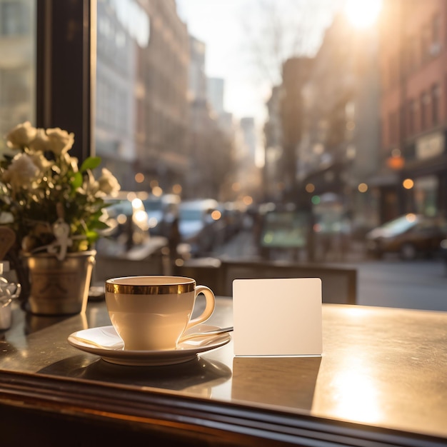 写真 窓の前のテーブルの上にコーヒーカップとカード