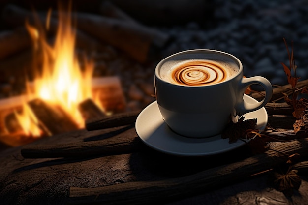 Фото Кофейная чашка перед огнем в стиле, вдохновленном природой