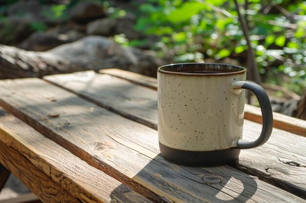 写真 木のテーブルの上に置かれたコーヒーカップ