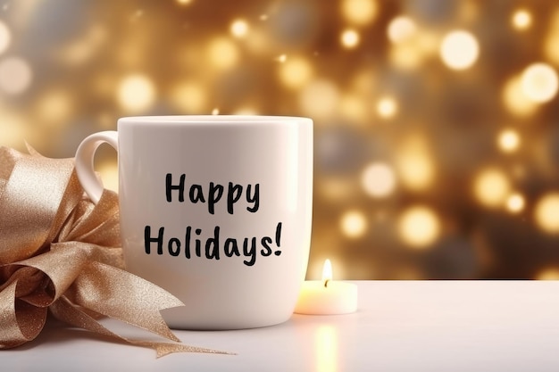 写真 リボンとお祭りのライトが付いたハッピーホリデーのメッセージが入ったコーヒーカップ デジタル画像