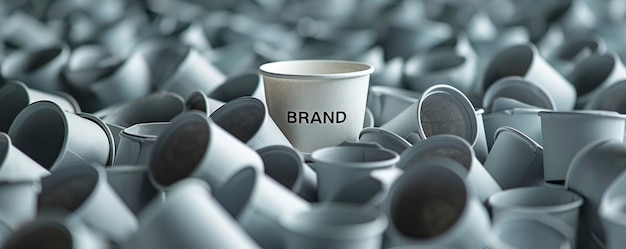 写真 ブランドという言葉が書かれたコーヒーカップが無限の灰色の紙カップの山の中に置かれています