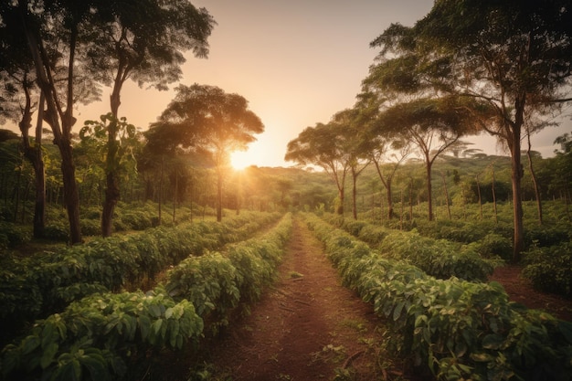 사진 커피 나무가 멀리까지 뻗어 있는 커피 농장 커피 농장