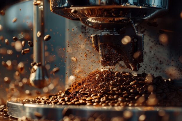 Фото Кофейная мельница извергает кофейные зерна
