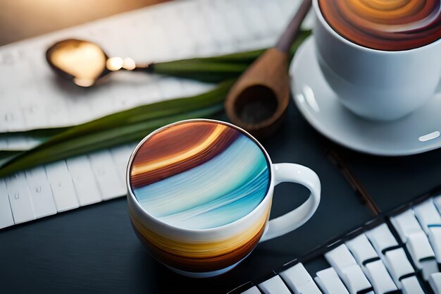 Фото На столе стоит кофейная кружка с ярким дизайном.