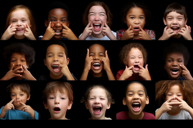 写真 異なる表情と顔の子供たちのコラージュ