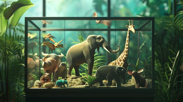 写真 ジャングルを背景にしたガラスの箱の中の動物のコレクション generative ai