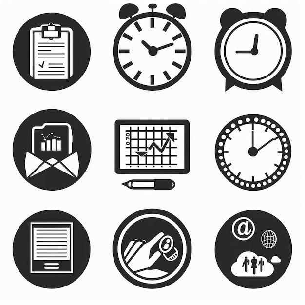 Фото Коллекция черно-белых изображений часов с диаграммой, показывающей время 1 30