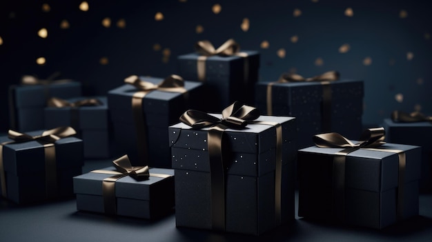 사진 우아한 황금 활으로 장식된 검은색 선물 상자 컬렉션은 어떤 기회나 축하에도 완벽합니다.
