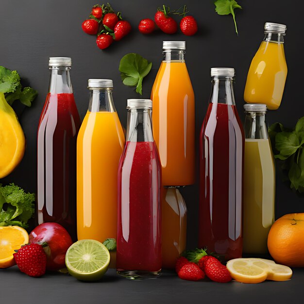 Фото Коллекция бутылки фруктов и овощей, включая клубнику клубнику и апельсин