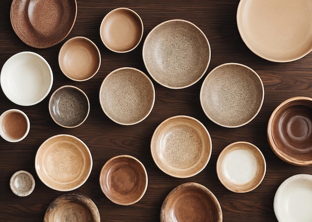 Фото Коллекция керамических тарелок расставлена на столе.