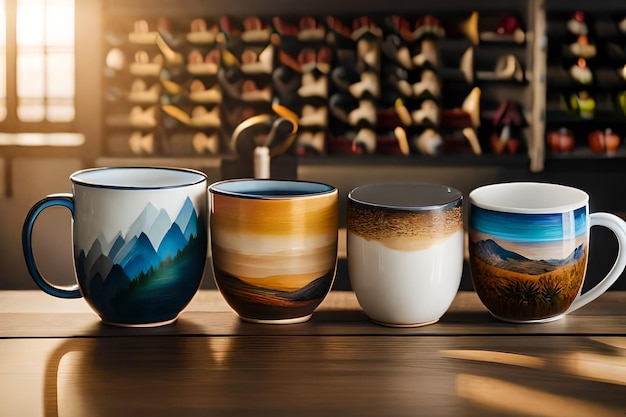 写真 上部に夕日が描かれた陶器の花瓶のコレクション。
