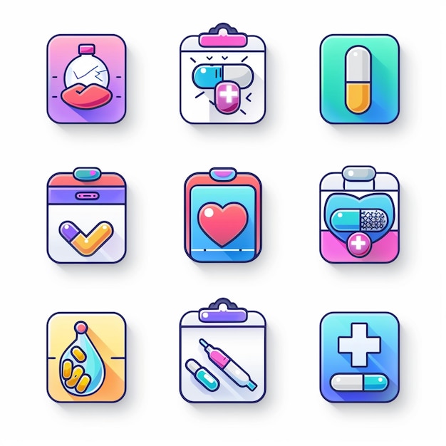 사진 상단에 십자가가 있는 의료 키트를 포함한 다양한 앱의 컬렉션