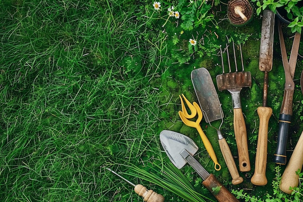 Фото Коллекция садовых инструментов расположена на зеленом газоне