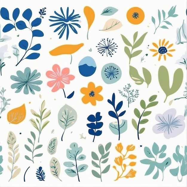 写真 手描きのシームレスパターンのコレクション 色とりどりの抽象的な植物と花