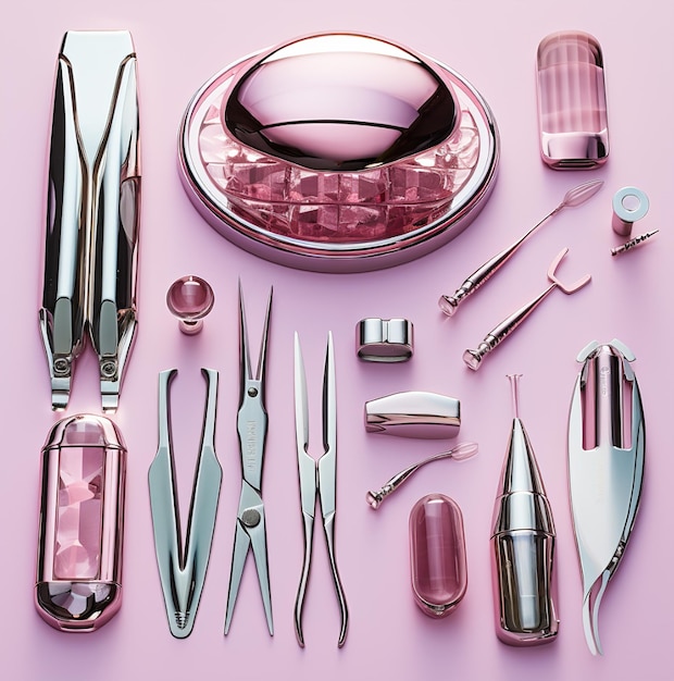 Фото Коллекция лака для ногтей и инструментов, включая розовый лак для ногтей.