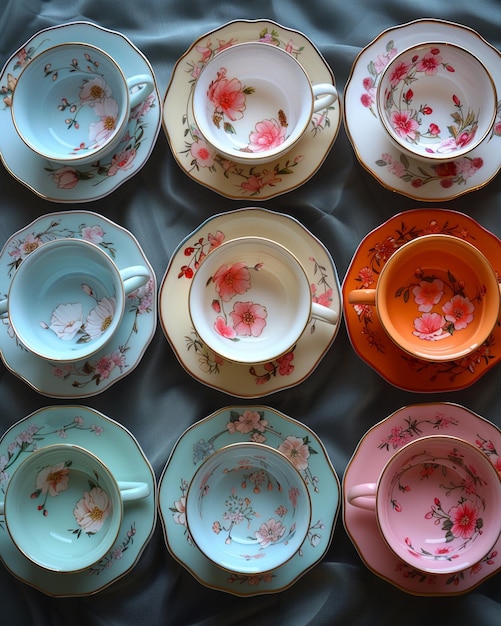 Фото Коллекция пастельных чайных чашек на заднем плане